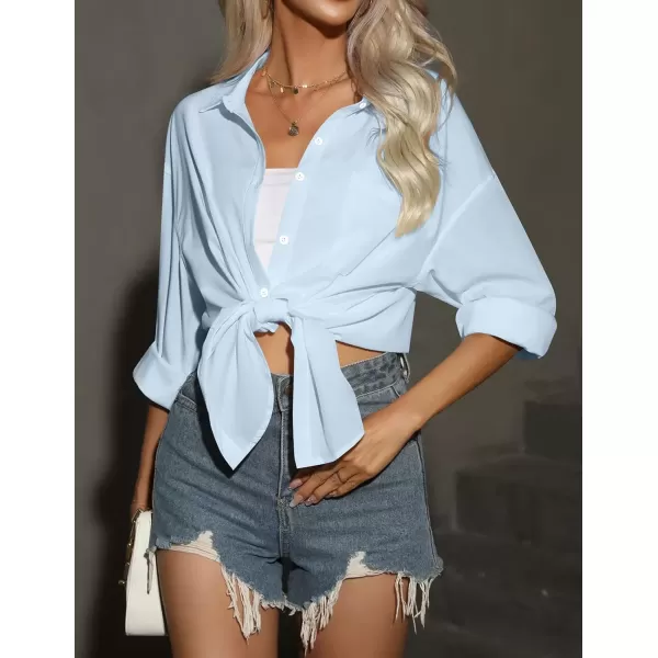 imageHOTOUCH Women Oversized Button Down Shirts Office Drop Shoulder Blouse Long Sleeve Boyfriend Dress Shirt with PocketsSky Blue