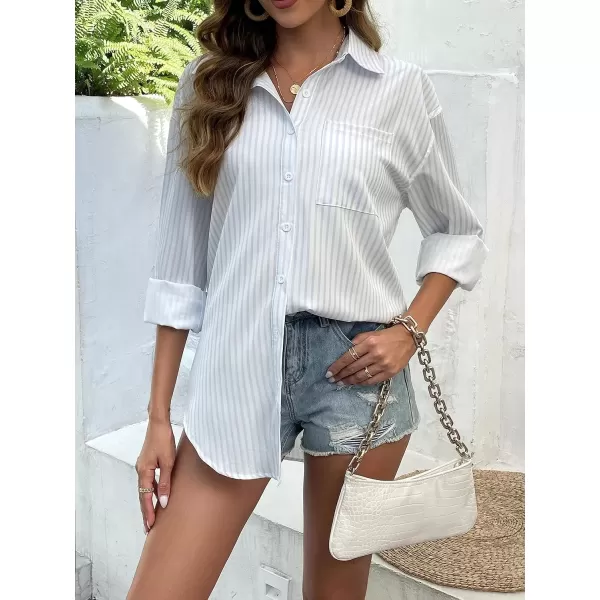 imageHOTOUCH Women Oversized Button Down Shirts Office Drop Shoulder Blouse Long Sleeve Boyfriend Dress Shirt with PocketsStripes