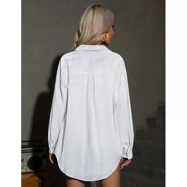 imageHOTOUCH Women Oversized Button Down Shirts Office Drop Shoulder Blouse Long Sleeve Boyfriend Dress Shirt with PocketsStripes