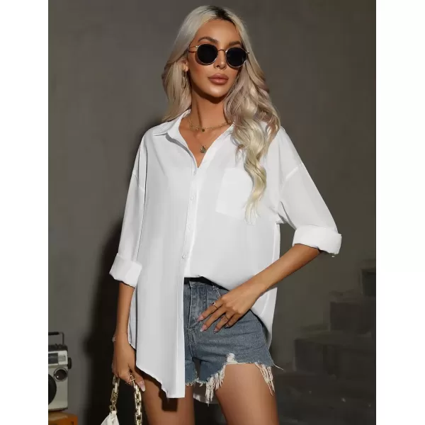 imageHOTOUCH Women Oversized Button Down Shirts Office Drop Shoulder Blouse Long Sleeve Boyfriend Dress Shirt with PocketsWhite