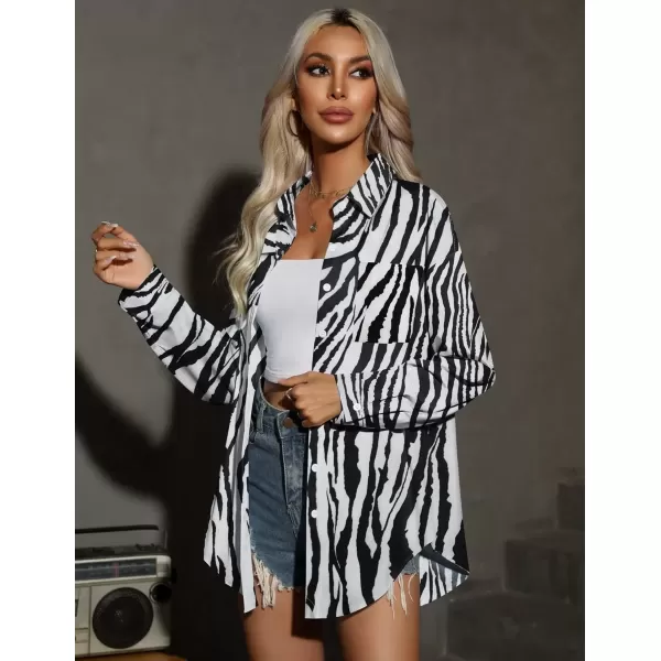 imageHOTOUCH Women Oversized Button Down Shirts Office Drop Shoulder Blouse Long Sleeve Boyfriend Dress Shirt with PocketsZebra