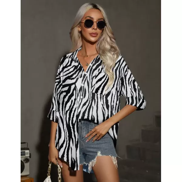 imageHOTOUCH Women Oversized Button Down Shirts Office Drop Shoulder Blouse Long Sleeve Boyfriend Dress Shirt with PocketsZebra