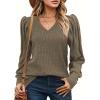 imageHOTOUCH Womens Knit Shirt Soft Puff Long Sleeve Blouse Tops Lightweight V Neck Tunic XSXXLBrown