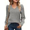 imageHOTOUCH Womens Knit Shirt Soft Puff Long Sleeve Blouse Tops Lightweight V Neck Tunic XSXXLGrey