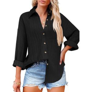 imageHOTOUCH Womens Button Down Shirts Casual Long Sleeve Dress Shirt Textured Collared Work Blouse Top with PocketAblack