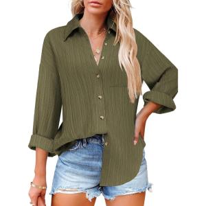imageHOTOUCH Womens Button Down Shirts Casual Long Sleeve Dress Shirt Textured Collared Work Blouse Top with PocketArmy Green