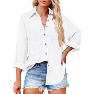 imageHOTOUCH Womens Button Down Shirts Casual Long Sleeve Dress Shirt Textured Collared Work Blouse Top with PocketAwhite