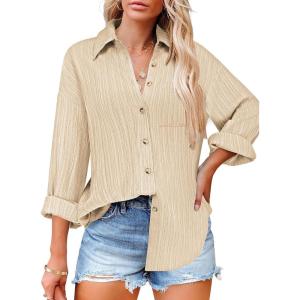 imageHOTOUCH Womens Button Down Shirts Casual Long Sleeve Dress Shirt Textured Collared Work Blouse Top with PocketBeige