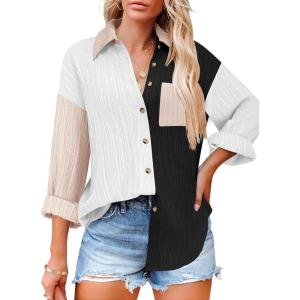 imageHOTOUCH Womens Button Down Shirts Casual Long Sleeve Dress Shirt Textured Collared Work Blouse Top with PocketBlack white khaki