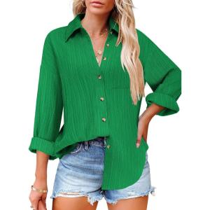 imageHOTOUCH Womens Button Down Shirts Casual Long Sleeve Dress Shirt Textured Collared Work Blouse Top with PocketGreen