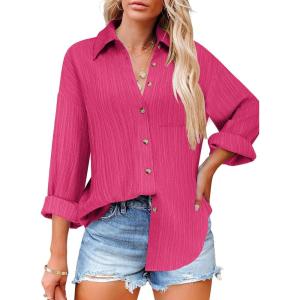 imageHOTOUCH Womens Button Down Shirts Casual Long Sleeve Dress Shirt Textured Collared Work Blouse Top with PocketHot Pink