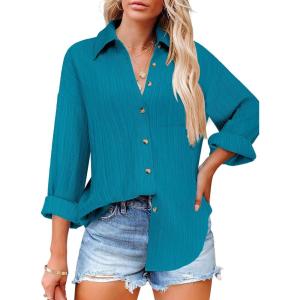 imageHOTOUCH Womens Button Down Shirts Casual Long Sleeve Dress Shirt Textured Collared Work Blouse Top with PocketLake Blue