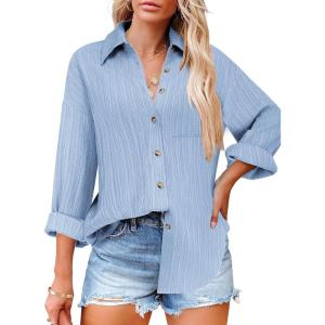 imageHOTOUCH Womens Button Down Shirts Casual Long Sleeve Dress Shirt Textured Collared Work Blouse Top with PocketLight Blue