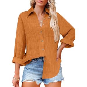 imageHOTOUCH Womens Button Down Shirts Casual Long Sleeve Dress Shirt Textured Collared Work Blouse Top with PocketLight Brown