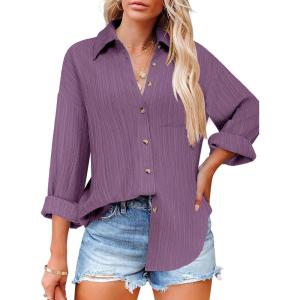 imageHOTOUCH Womens Button Down Shirts Casual Long Sleeve Dress Shirt Textured Collared Work Blouse Top with PocketMauve