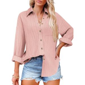 imageHOTOUCH Womens Button Down Shirts Casual Long Sleeve Dress Shirt Textured Collared Work Blouse Top with PocketPink