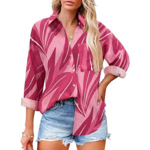 imageHOTOUCH Womens Button Down Shirts Casual Long Sleeve Dress Shirt Textured Collared Work Blouse Top with PocketPink Rowena