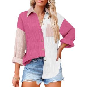 imageHOTOUCH Womens Button Down Shirts Casual Long Sleeve Dress Shirt Textured Collared Work Blouse Top with PocketPink hot Pink white