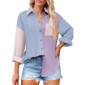 imageHOTOUCH Womens Button Down Shirts Casual Long Sleeve Dress Shirt Textured Collared Work Blouse Top with PocketPink purple blue