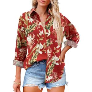 imageHOTOUCH Womens Button Down Shirts Casual Long Sleeve Dress Shirt Textured Collared Work Blouse Top with PocketRed Leaf