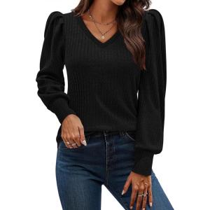 imageHOTOUCH Womens Knit Shirt Soft Puff Long Sleeve Blouse Tops Lightweight V Neck Tunic XSXXLBlack