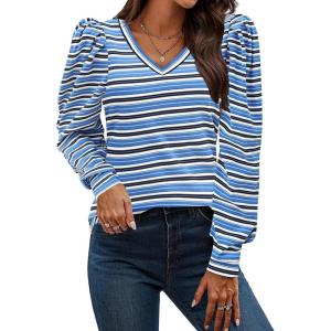 imageHOTOUCH Womens Knit Shirt Soft Puff Long Sleeve Blouse Tops Lightweight V Neck Tunic XSXXLBlue Stripes
