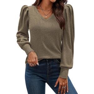 imageHOTOUCH Womens Knit Shirt Soft Puff Long Sleeve Blouse Tops Lightweight V Neck Tunic XSXXLBrown