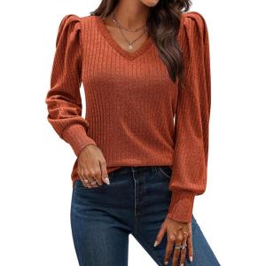 imageHOTOUCH Womens Knit Shirt Soft Puff Long Sleeve Blouse Tops Lightweight V Neck Tunic XSXXLCaramel
