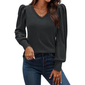imageHOTOUCH Womens Knit Shirt Soft Puff Long Sleeve Blouse Tops Lightweight V Neck Tunic XSXXLDark Grey