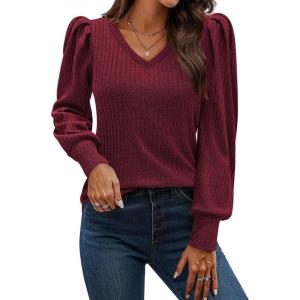 imageHOTOUCH Womens Knit Shirt Soft Puff Long Sleeve Blouse Tops Lightweight V Neck Tunic XSXXLDark Red
