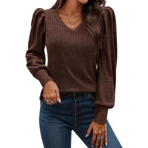 imageHOTOUCH Womens Knit Shirt Soft Puff Long Sleeve Blouse Tops Lightweight V Neck Tunic XSXXLDeep Coffee