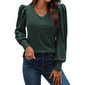 imageHOTOUCH Womens Knit Shirt Soft Puff Long Sleeve Blouse Tops Lightweight V Neck Tunic XSXXLGreen