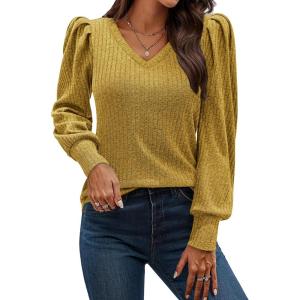 imageHOTOUCH Womens Knit Shirt Soft Puff Long Sleeve Blouse Tops Lightweight V Neck Tunic XSXXLMustard