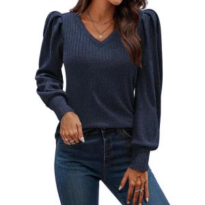 imageHOTOUCH Womens Knit Shirt Soft Puff Long Sleeve Blouse Tops Lightweight V Neck Tunic XSXXLNavy Blue