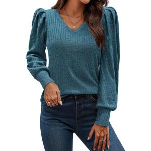 imageHOTOUCH Womens Knit Shirt Soft Puff Long Sleeve Blouse Tops Lightweight V Neck Tunic XSXXLPeacock Blue