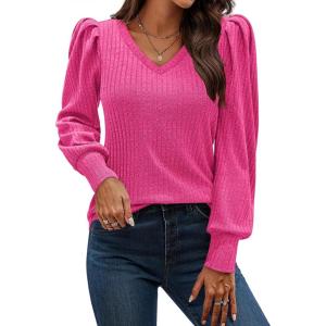 imageHOTOUCH Womens Knit Shirt Soft Puff Long Sleeve Blouse Tops Lightweight V Neck Tunic XSXXLRose Red