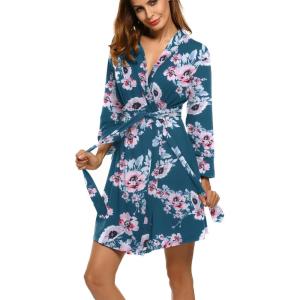 imageHOTOUCH Womens Robe Lightweight Robes Short Knit Bathrobe Soft Ladies Sleepwear with PocketsPblue Green Floral