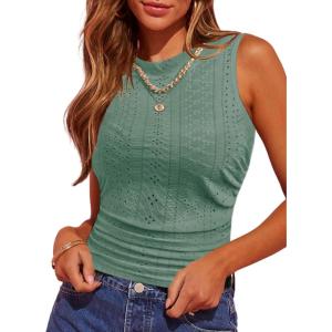 imageHOTOUCH Tank Top for Women Sleeveless Summer Mock Neck Ruched Eyelet Slim Fit Crop TopGreen