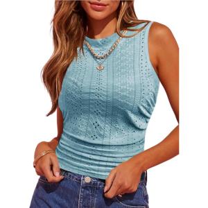 imageHOTOUCH Tank Top for Women Sleeveless Summer Mock Neck Ruched Eyelet Slim Fit Crop TopLight Blue