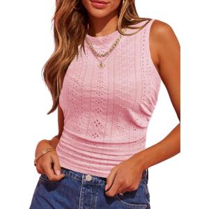 imageHOTOUCH Tank Top for Women Sleeveless Summer Mock Neck Ruched Eyelet Slim Fit Crop TopPink