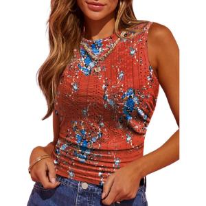 imageHOTOUCH Tank Top for Women Sleeveless Summer Mock Neck Ruched Eyelet Slim Fit Crop TopRedpattern Floral