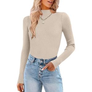 imageHOTOUCH Women Mock Neck Sweater Ribbed Knit Fitted Top Basic Casual Long Sleeve Shirt Winter Fashion Clothing 2024 TrendyAlmond