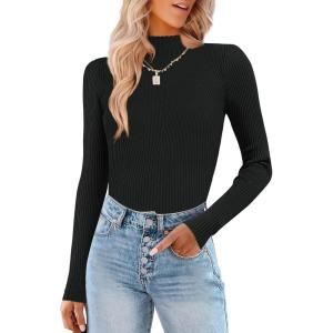 imageHOTOUCH Women Mock Neck Sweater Ribbed Knit Fitted Top Basic Casual Long Sleeve Shirt Winter Fashion Clothing 2024 TrendyBlack