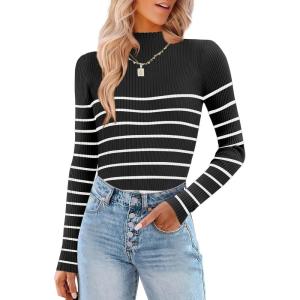 imageHOTOUCH Women Mock Neck Sweater Ribbed Knit Fitted Top Basic Casual Long Sleeve Shirt Winter Fashion Clothing 2024 TrendyBlack White Striped