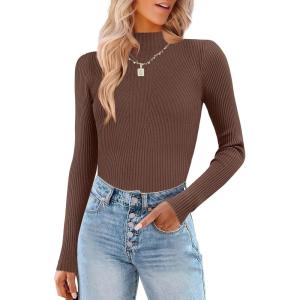 imageHOTOUCH Women Mock Neck Sweater Ribbed Knit Fitted Top Basic Casual Long Sleeve Shirt Winter Fashion Clothing 2024 TrendyBrown