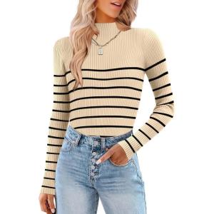 imageHOTOUCH Women Mock Neck Sweater Ribbed Knit Fitted Top Basic Casual Long Sleeve Shirt Winter Fashion Clothing 2024 TrendyBrown Black Striped