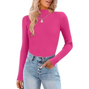 imageHOTOUCH Women Mock Neck Sweater Ribbed Knit Fitted Top Basic Casual Long Sleeve Shirt Winter Fashion Clothing 2024 TrendyHot Pink