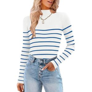 imageHOTOUCH Women Mock Neck Sweater Ribbed Knit Fitted Top Basic Casual Long Sleeve Shirt Winter Fashion Clothing 2024 TrendyWhite Blue Striped