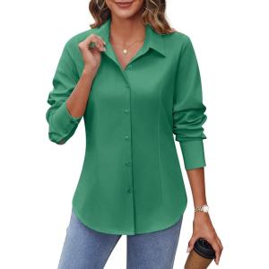 imageHOTOUCH Womens Button Down Shirts Long Sleeve Dress Shirts Slim Fit Business Casual Collared Work Office Blouses TopsGreen