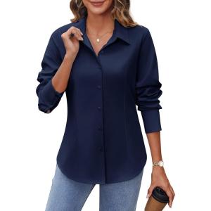 imageHOTOUCH Womens Button Down Shirts Long Sleeve Dress Shirts Slim Fit Business Casual Collared Work Office Blouses TopsNavy Blue